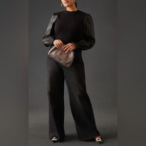 Dolan Anthropologie Mixed Media Puff Sleeve Top in Black Leather Sleeve Small